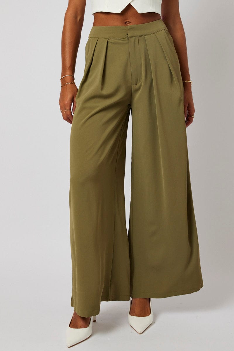 Green Wide Leg Pants High Rise for Ally Fashion