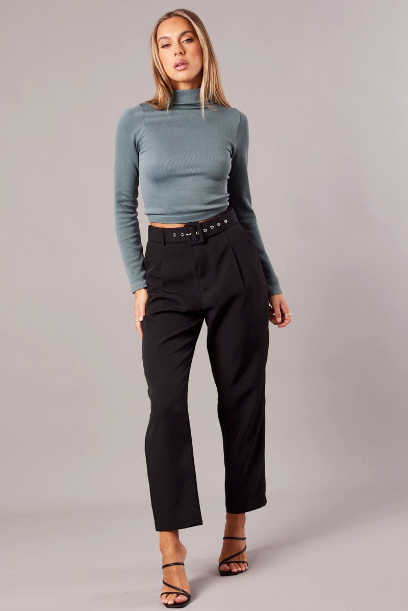 Black Tapered Pants High Rise Belted for Ally Fashion