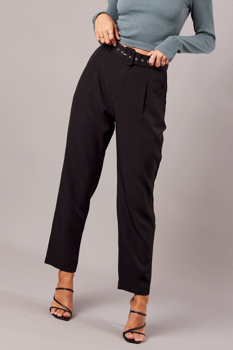 Black Tapered Pants High Rise Belted for Ally Fashion