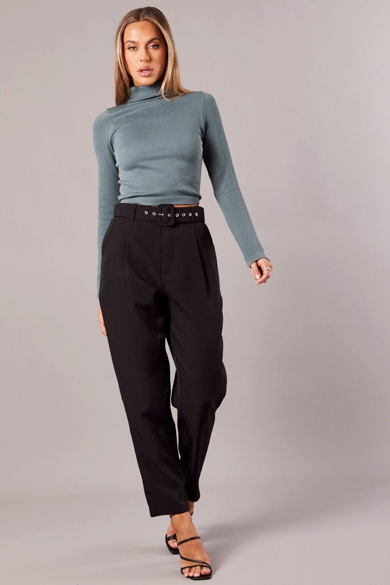 Black Tapered Pants High Rise Belted for Ally Fashion