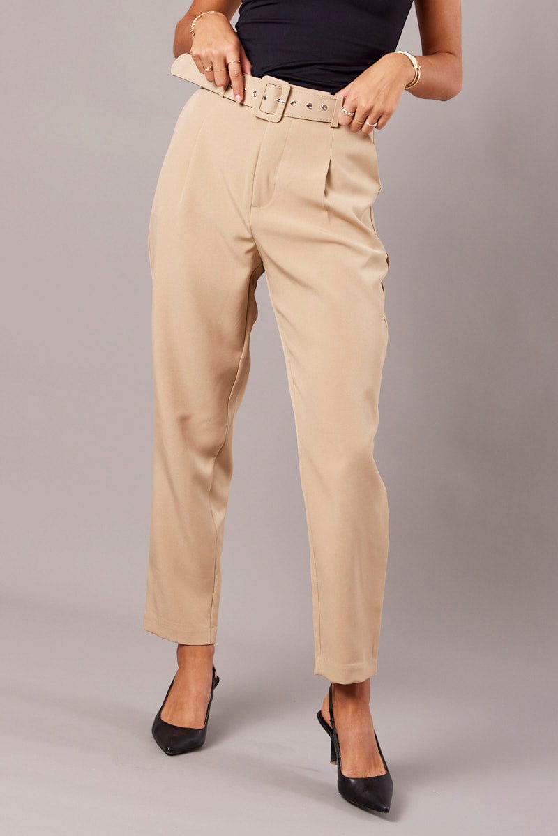 Beige Tapered Pants High Rise Belted for Ally Fashion