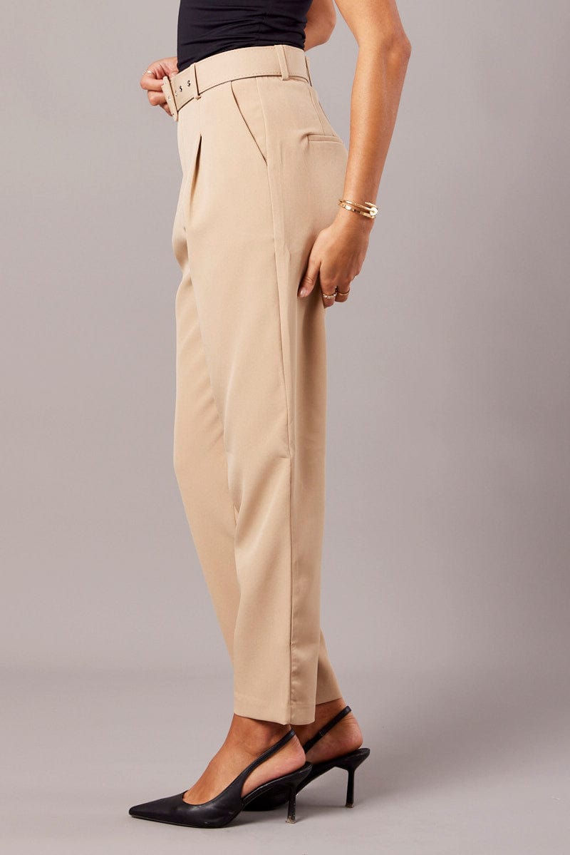 Beige Tapered Pants High Rise Belted for Ally Fashion