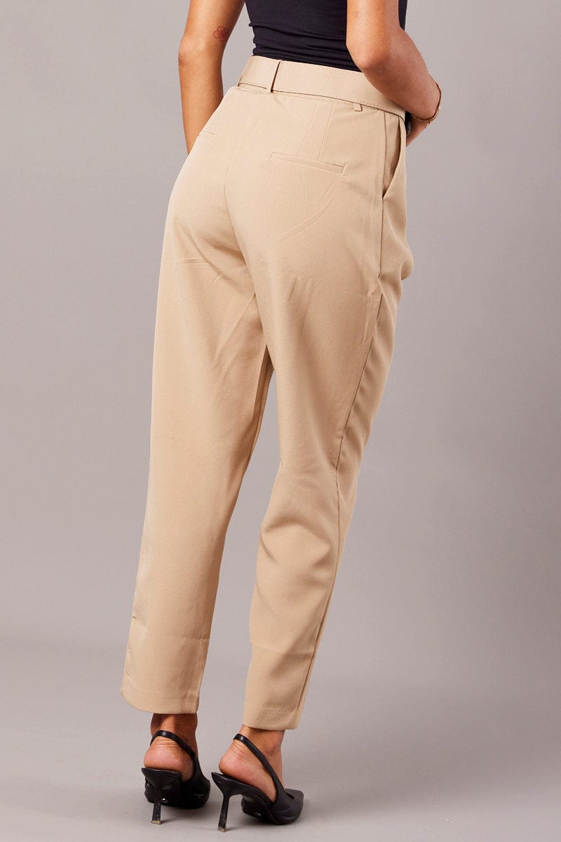 Beige Tapered Pants High Rise Belted for Ally Fashion