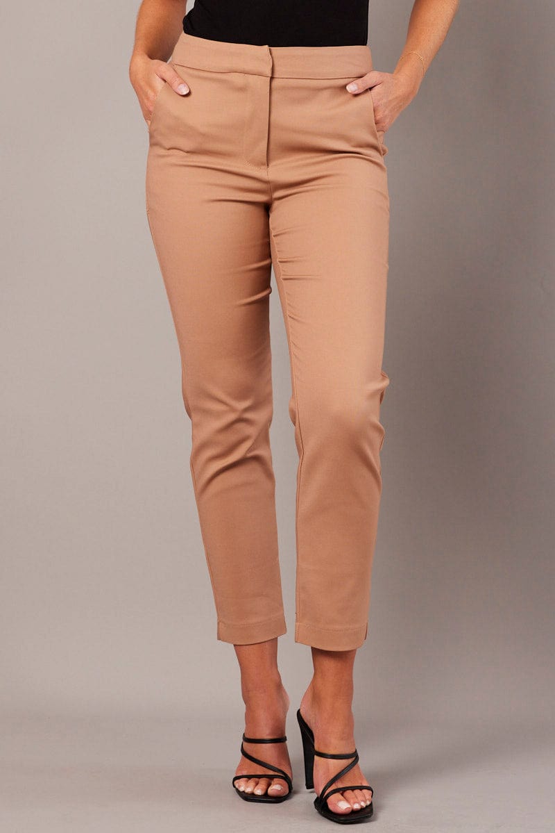 Brown Slim Pants High Rise for Ally Fashion