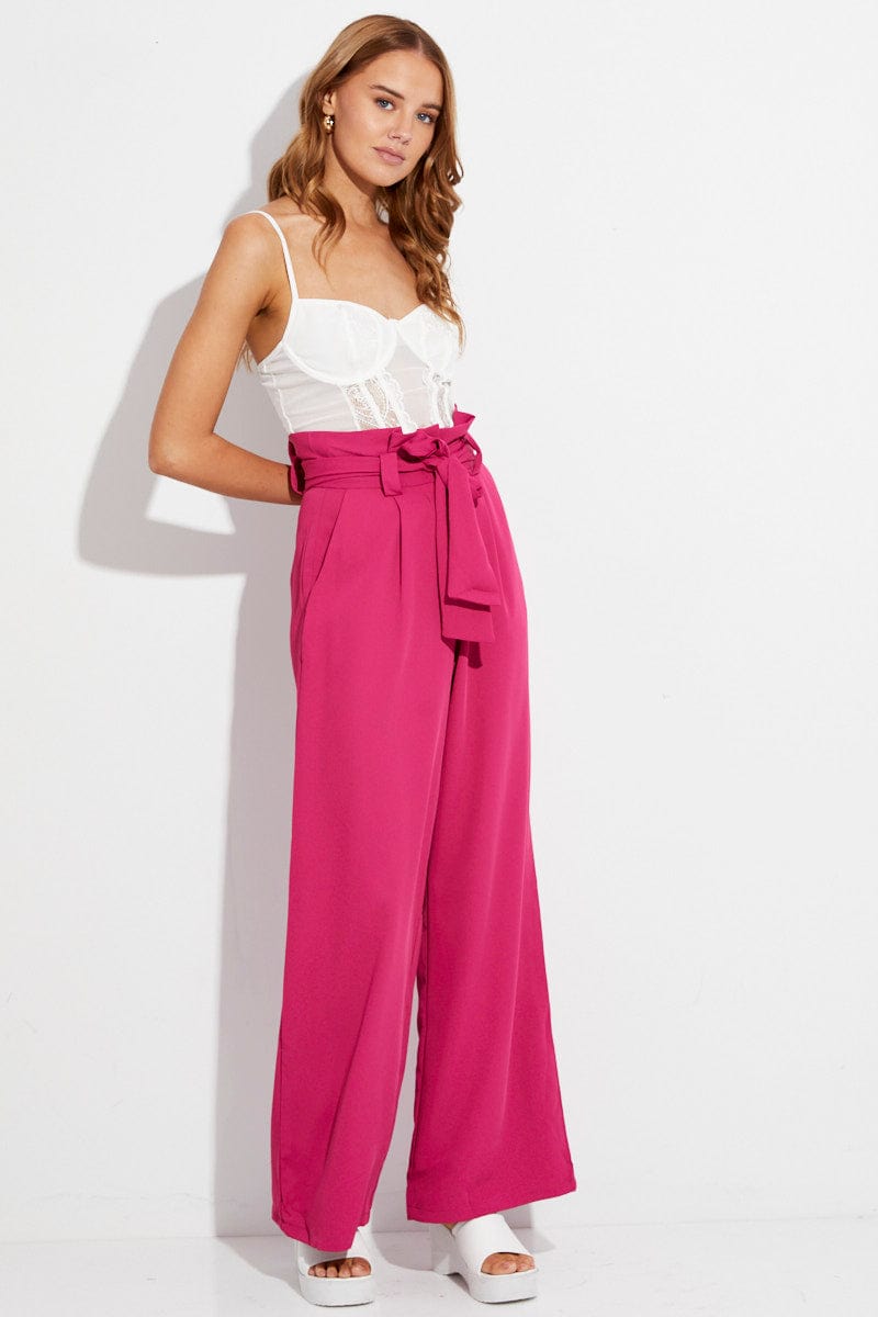 Pink Wide Leg Pants High Rise Paperbag for Ally Fashion