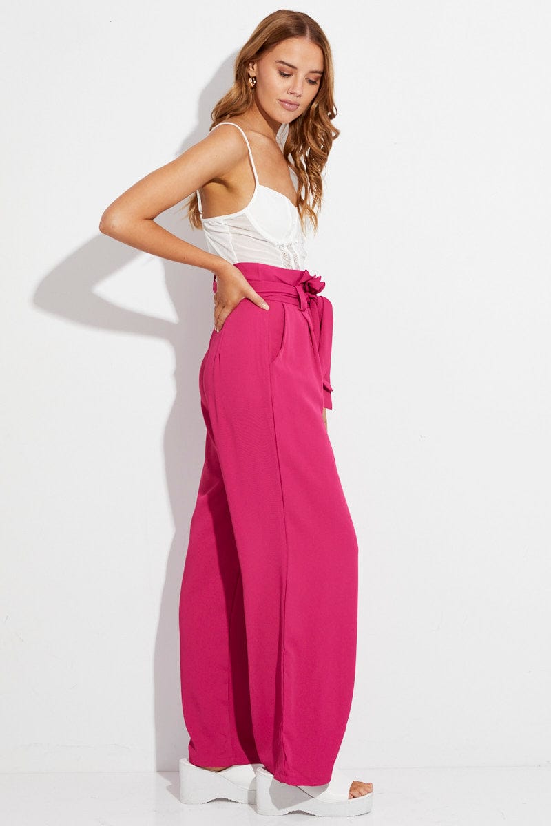 Hot Pink Plisse High Waisted Wide Leg Pants