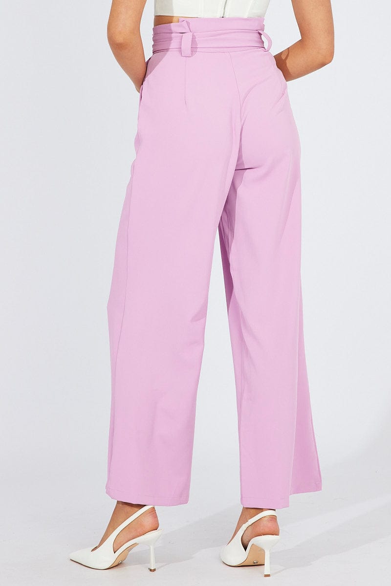 Pink Wide Leg Pants Paper Bag Waist | Ally Fashion