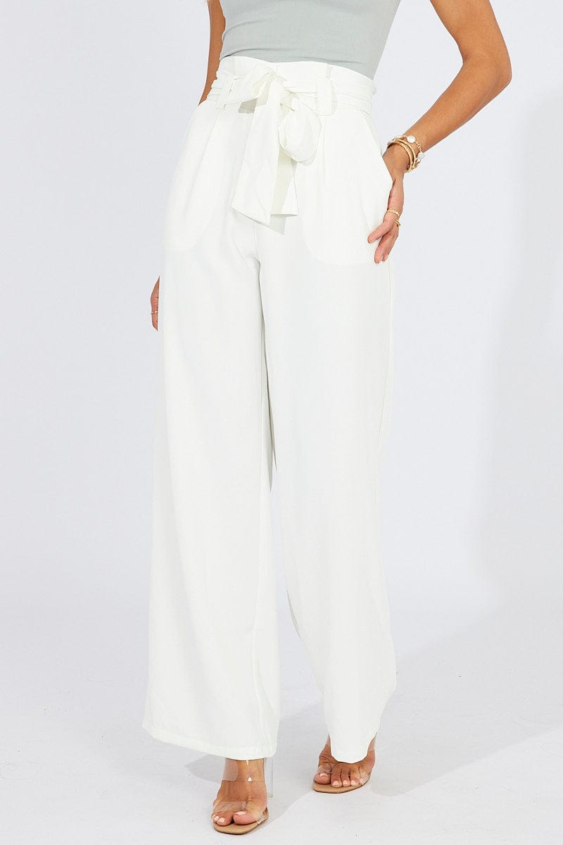 White Wide Leg Pants Paper Bag Waist | Ally Fashion