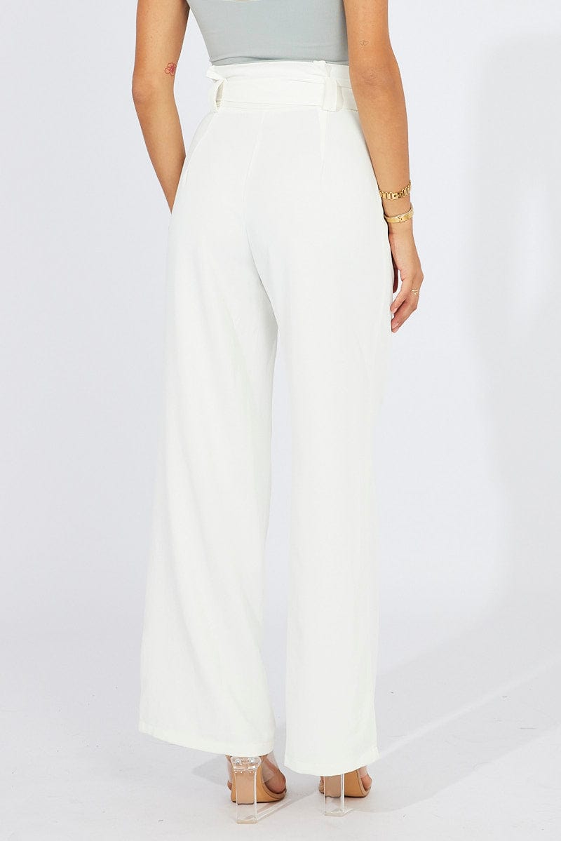 White Wide Leg Pants Paper Bag Waist | Ally Fashion