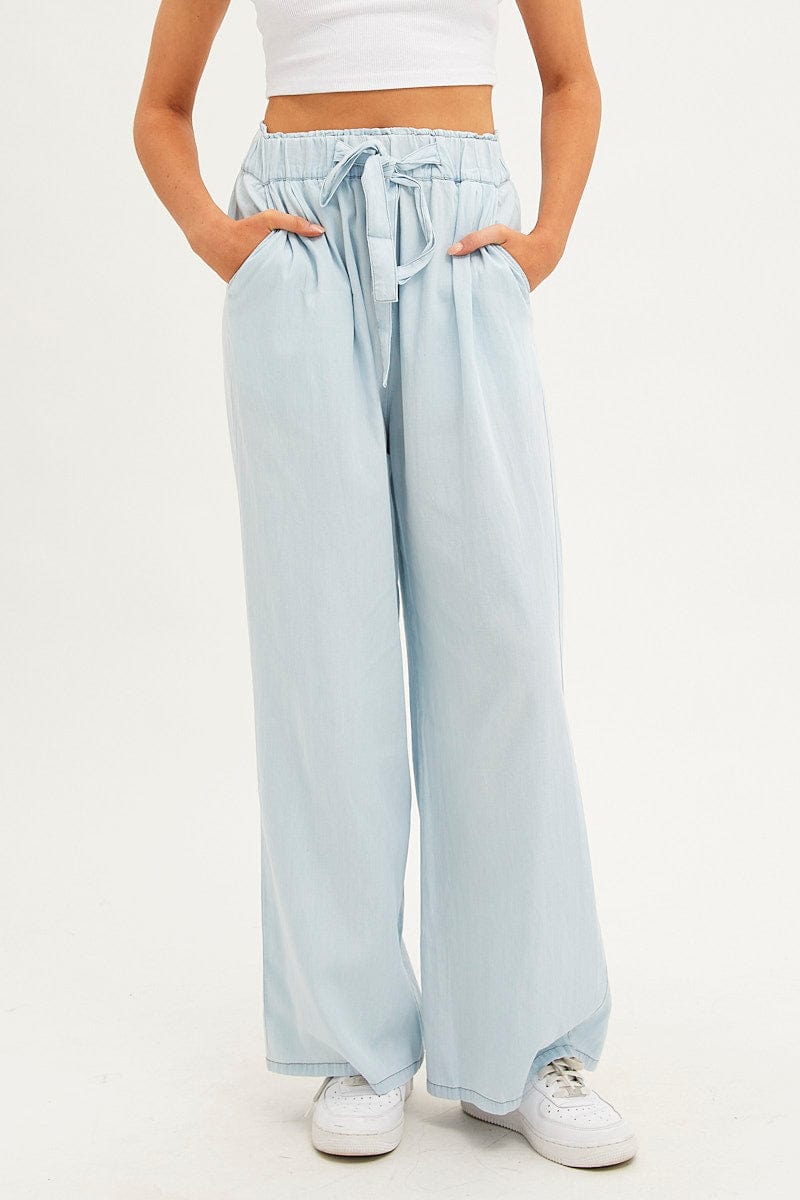 Blue Chambray Pant Tie Front Wide Leg for Ally Fashion