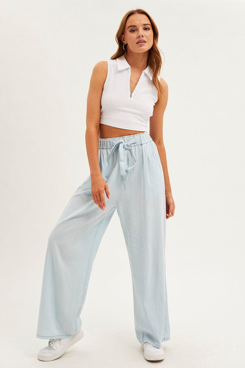 Stroll with Me Light Blue Chambray Wide-Leg Pants