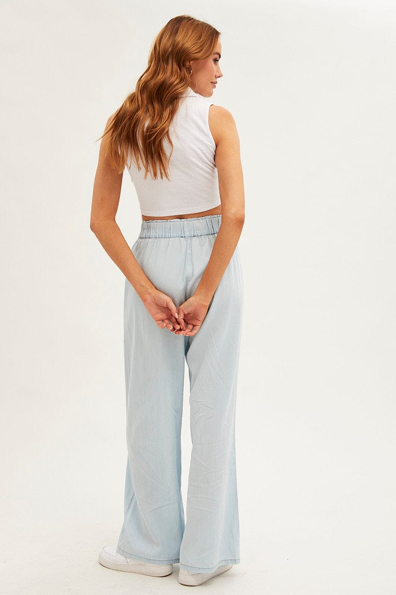 Blue Chambray Pant Tie Front Wide Leg for Ally Fashion