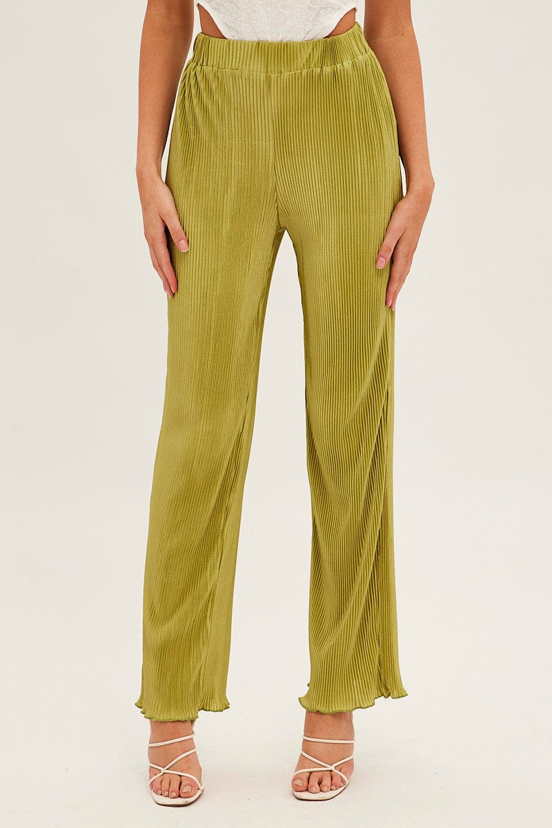 Green Plisse Pant Wide Leg Elastic Waist Lettuce Edge for Ally Fashion