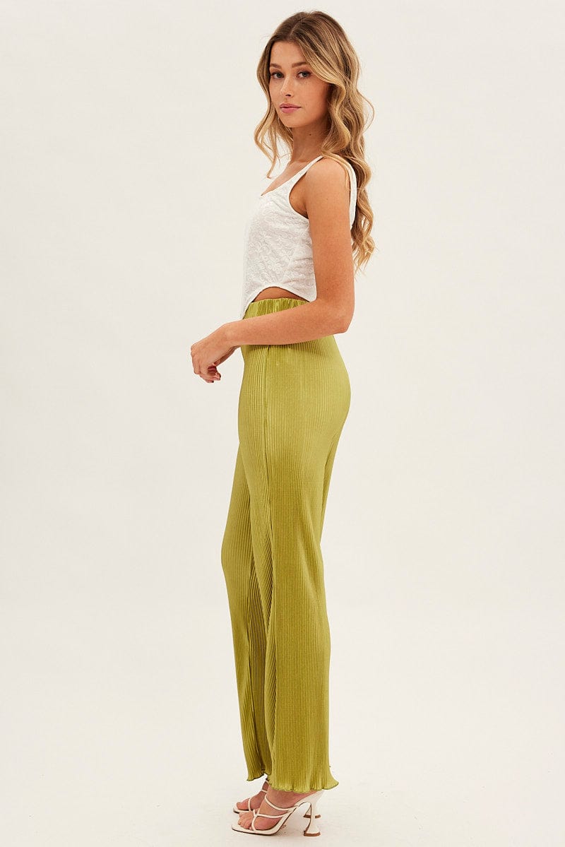 Green Plisse Pant Wide Leg Elastic Waist Lettuce Edge for Ally Fashion