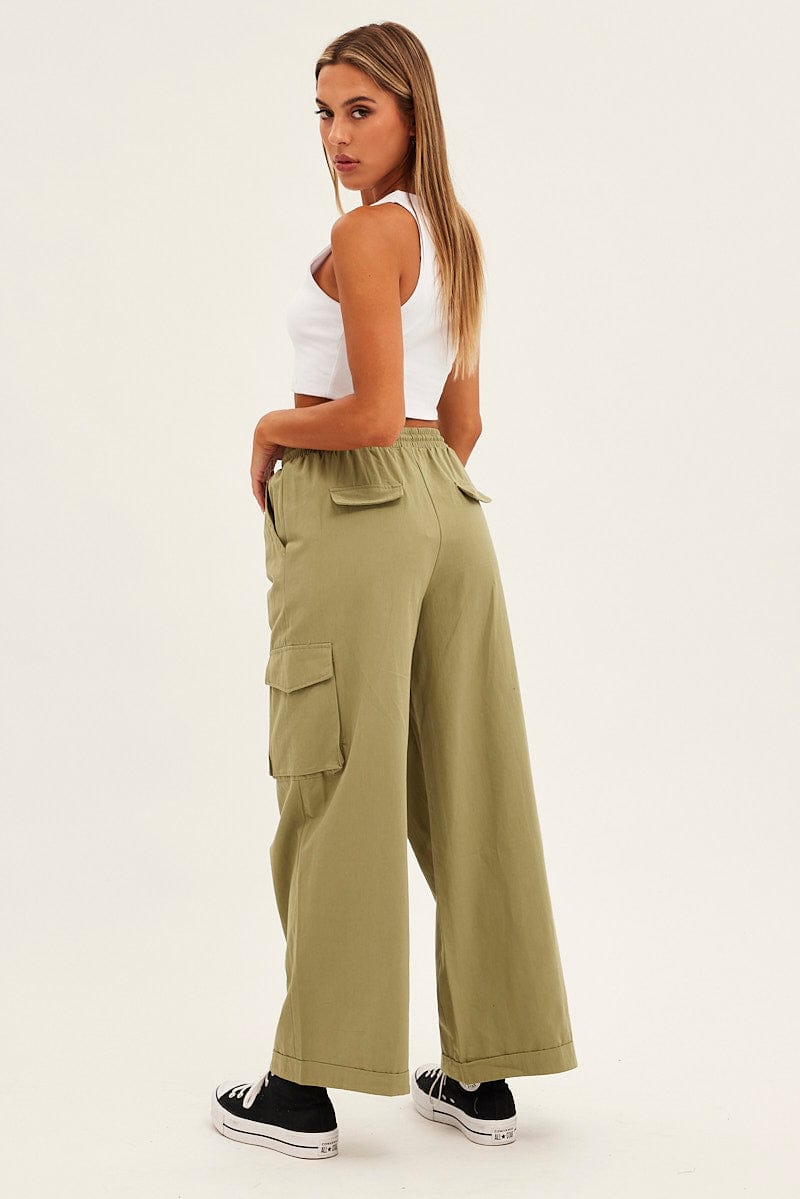 Green Cargo Pant Wide Leg Elastic Waist Cotton Twill for Ally Fashion
