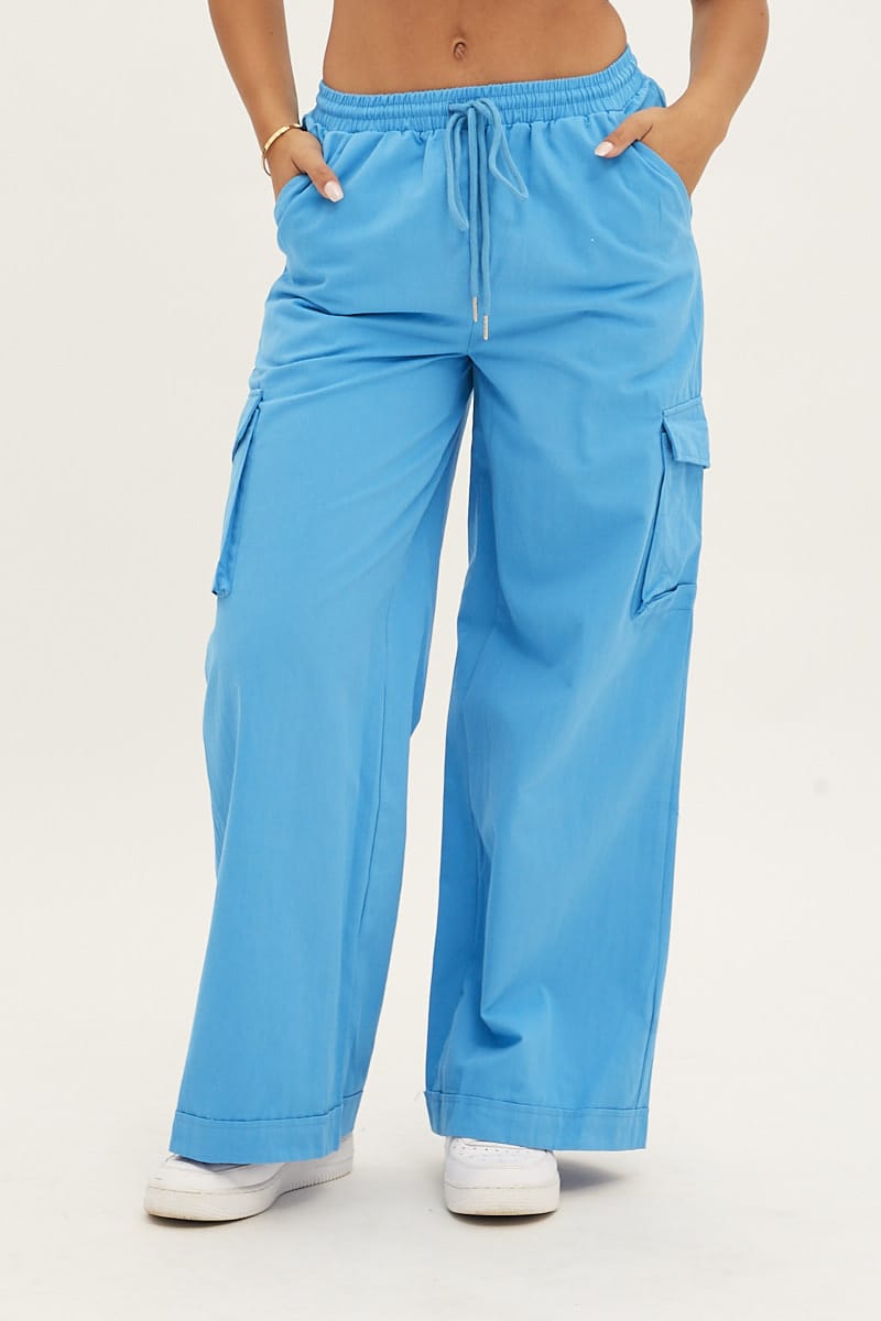 Blue Cargo Pant Wide Leg Elastic Waist Cotton Twill for Ally Fashion