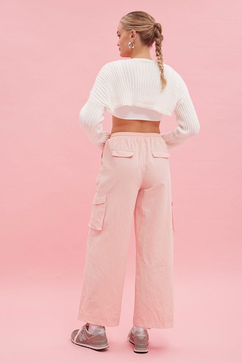 Pink Cargo Pant Wide Leg Elastic Waist Cotton Twill for Ally Fashion