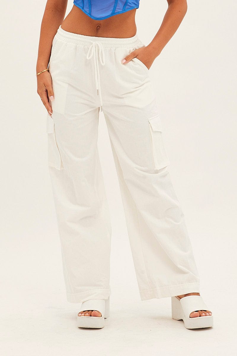 White Cargo Pant Wide Leg Elastic Waist Cotton Twill for Ally Fashion
