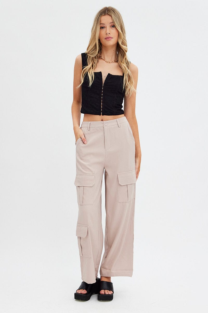 Beige Wide Leg Pants Cargo Pockets for Ally Fashion