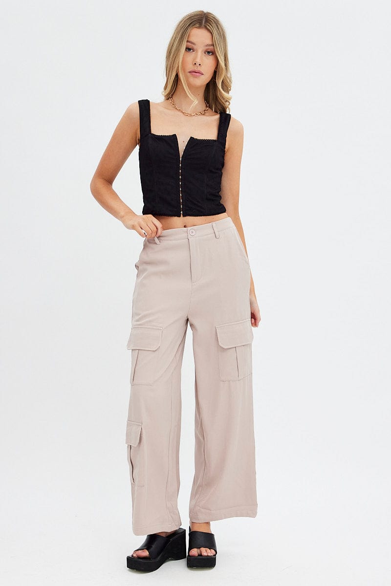 Beige Wide Leg Pants Cargo Pockets for Ally Fashion