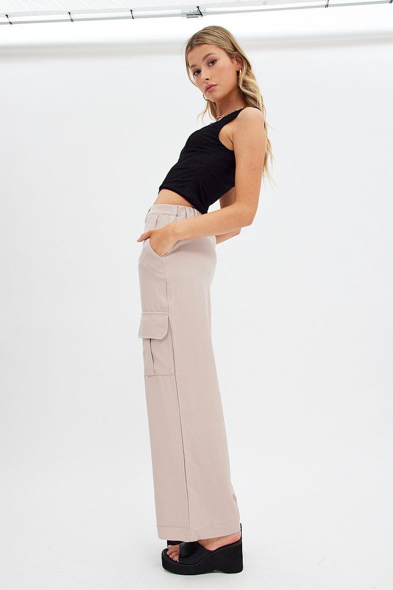 Beige Wide Leg Pants Cargo Pockets for Ally Fashion