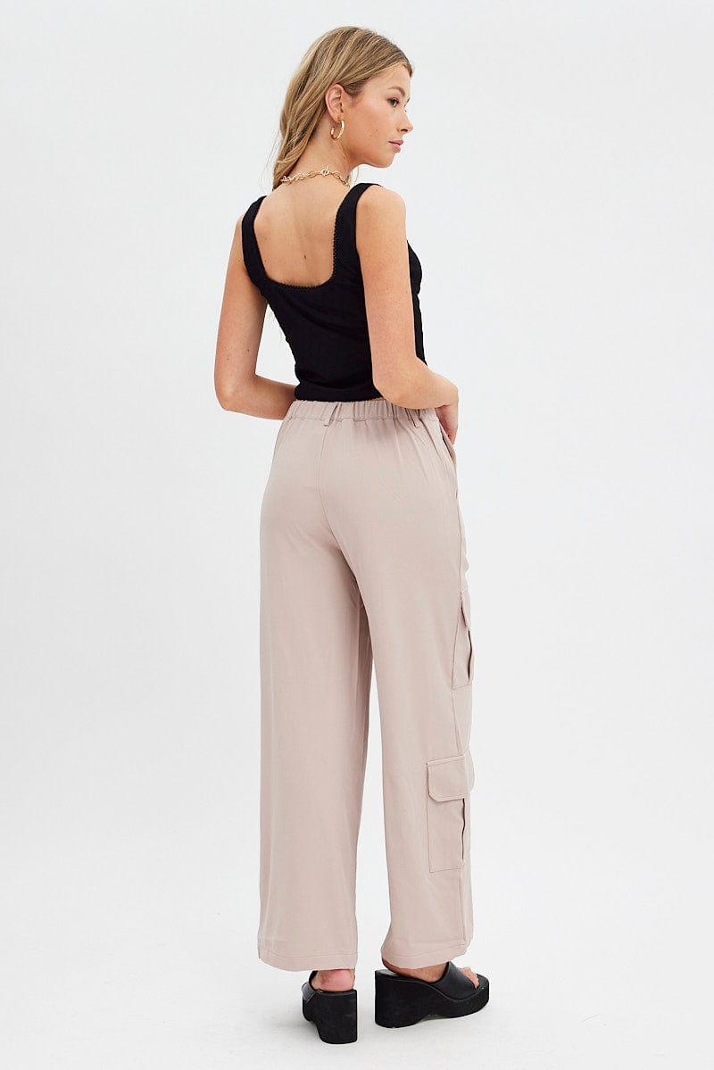 Beige Wide Leg Pants Cargo Pockets for Ally Fashion