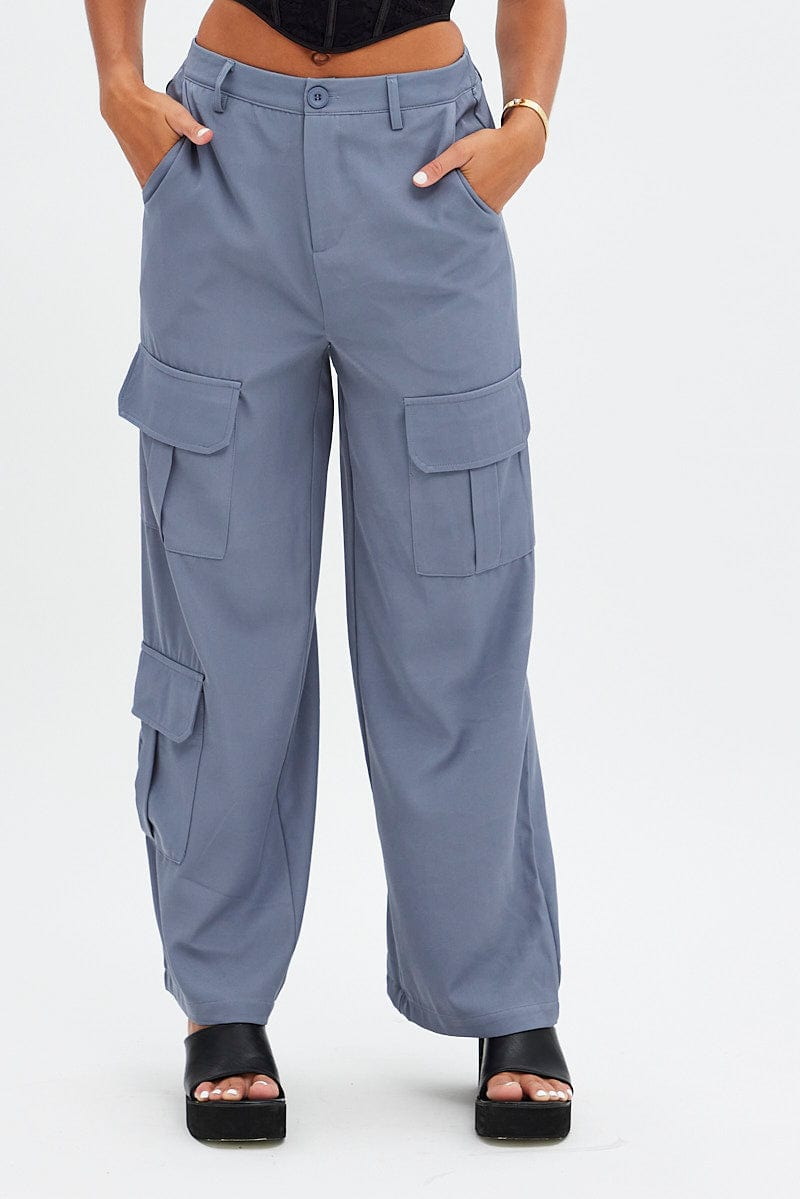 Grey Wide Leg Pants Cargo Pockets for Ally Fashion