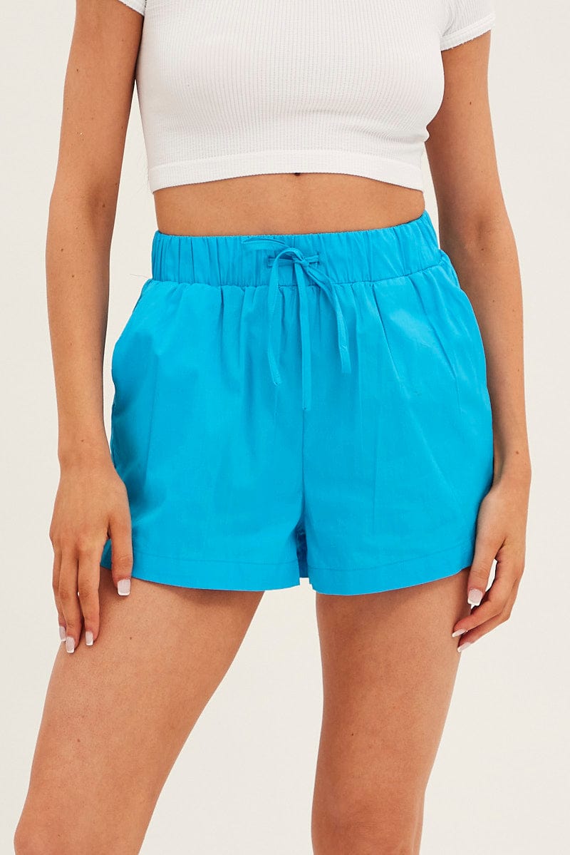 Blue Mini Shorts High Rise Elastic Waist for Ally Fashion