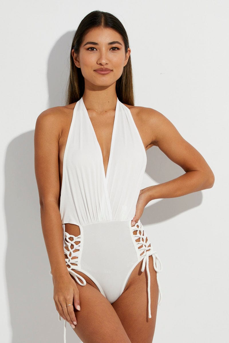 White Lace Up One Piece Swimwear for Ally Fashion