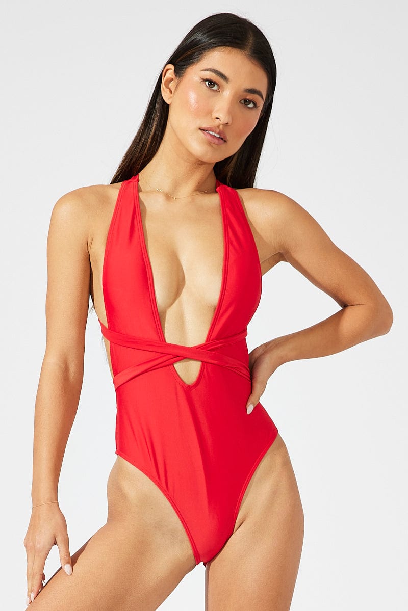 Red Animal Print Wrap Around One Piece Swimsuit for Ally Fashion