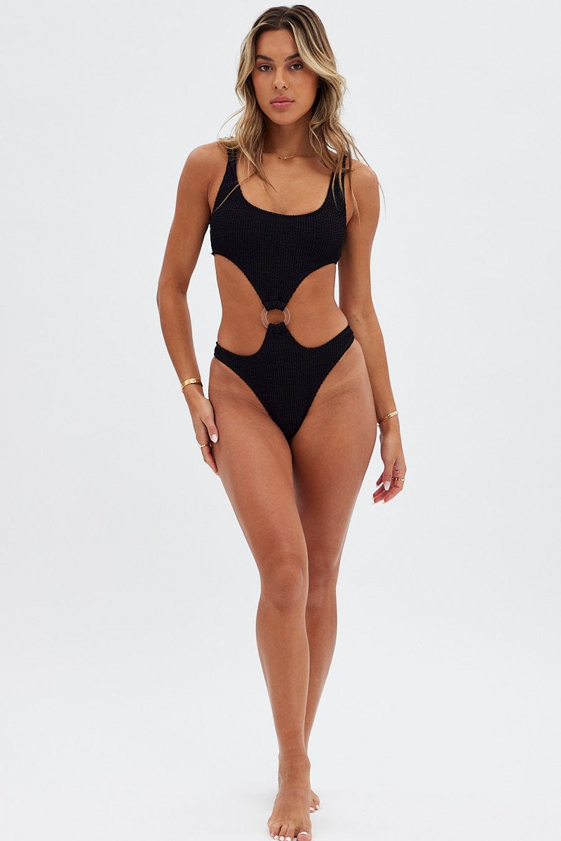 Black Cut Out Ring Detail One Piece Swimsuit for Ally Fashion