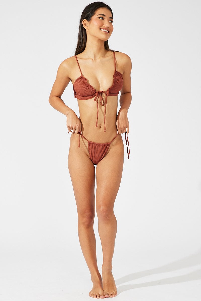 Brown Ruched Frill Bikini Set for Ally Fashion