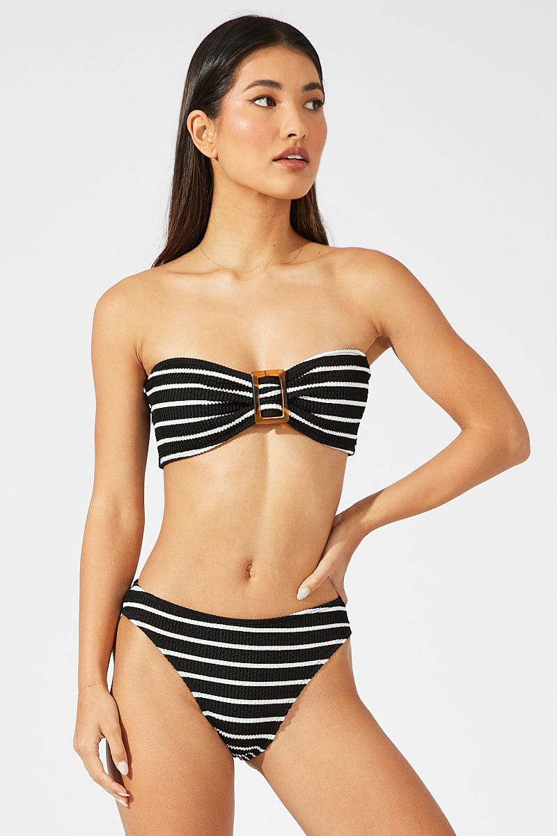 Black Stripe Textured Bandeau Bikini Set for Ally Fashion