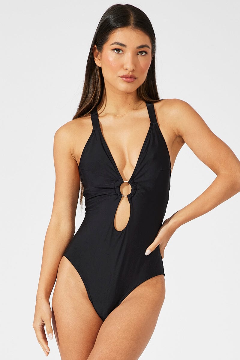 Black Ring Decor One Piece Swimsuit for Ally Fashion