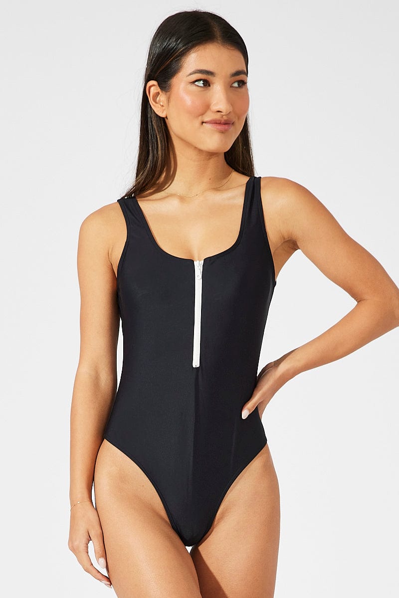 Black Zip Up One Piece Swimsuit for Ally Fashion