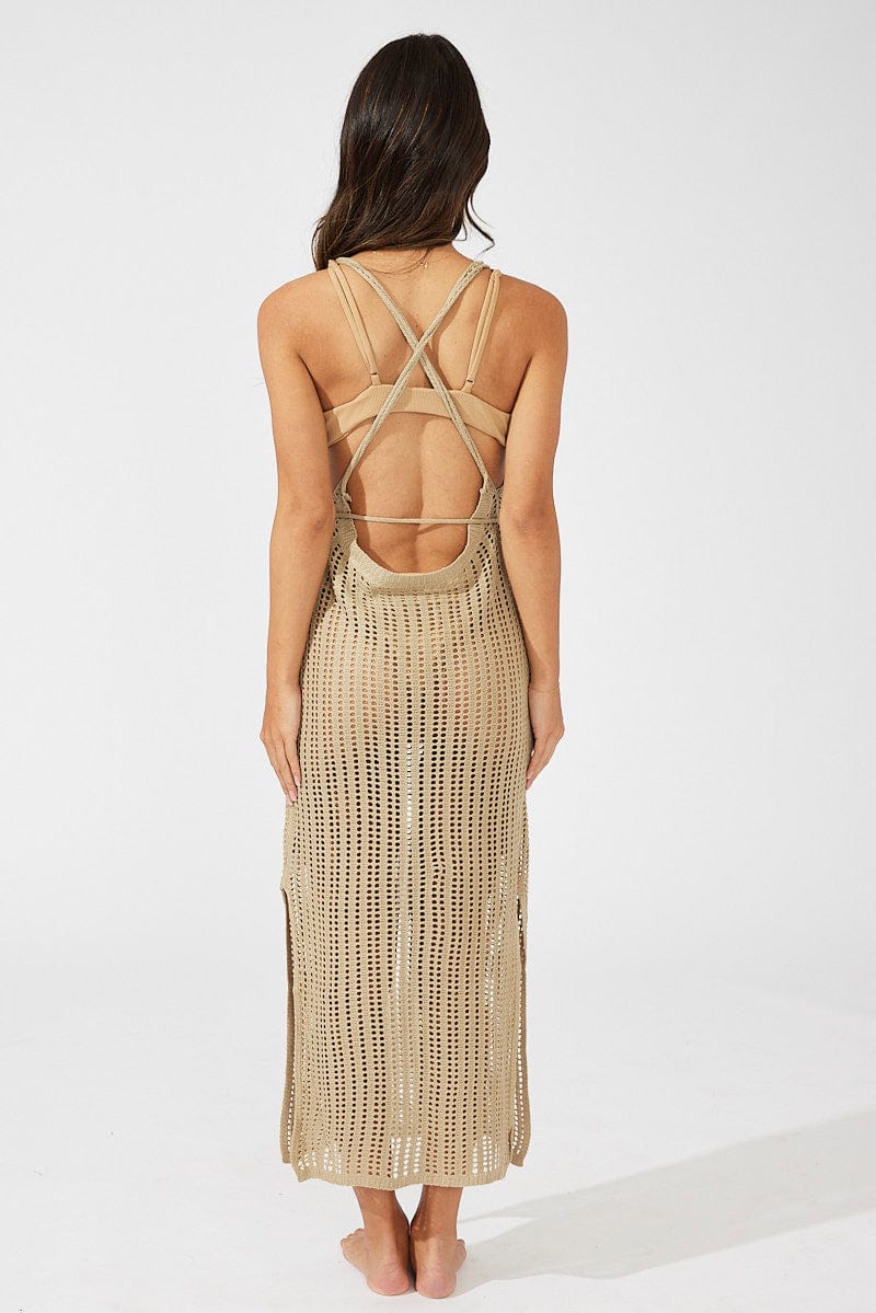 Beige Crochet Beach Maxi Dress for Ally Fashion