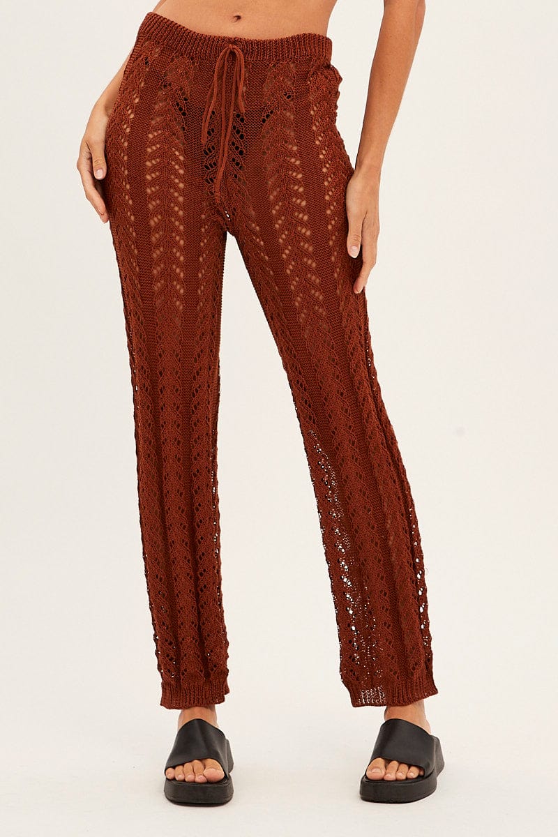 Brown Crochet Knit Pants Beachwear for Ally Fashion