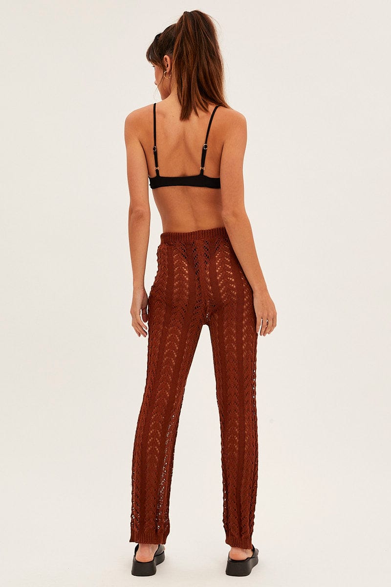 Brown Crochet Knit Pants Beachwear for Ally Fashion