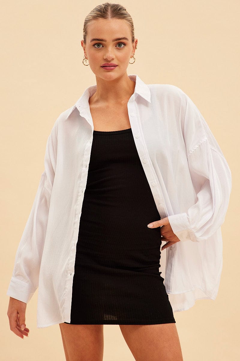 White Essential Oversized Long Sleeve Collared Shirt for Ally Fashion