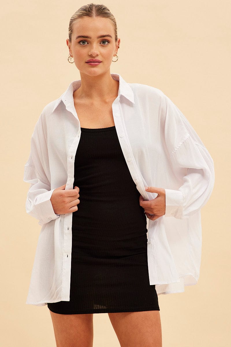 White Essential Oversized Long Sleeve Collared Shirt for Ally Fashion