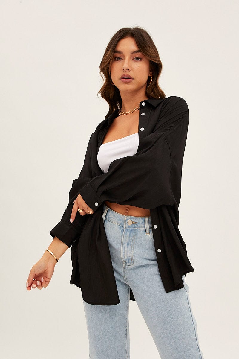 Black Essential Oversized Long Sleeve Collared Shirt for Ally Fashion