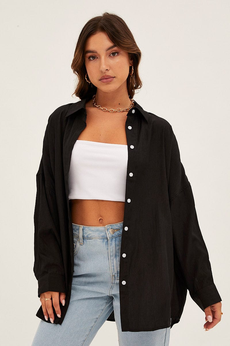 Black Essential Oversized Long Sleeve Collared Shirt for Ally Fashion