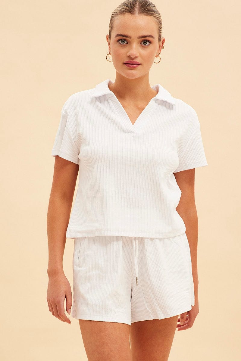 White Prea Rib Polo Short Sleeve Tee for Ally Fashion
