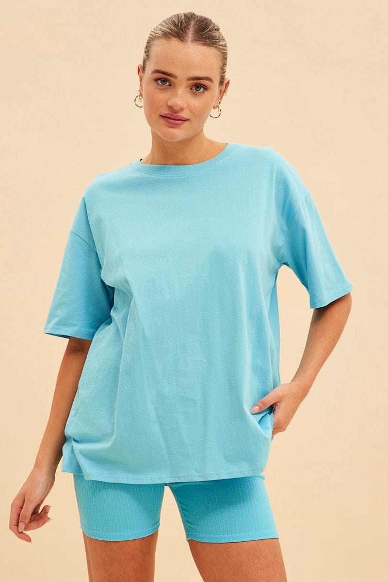 Blue Jamie Cotton Jersey Crew Neck Oversized T-Shirt for Ally Fashion
