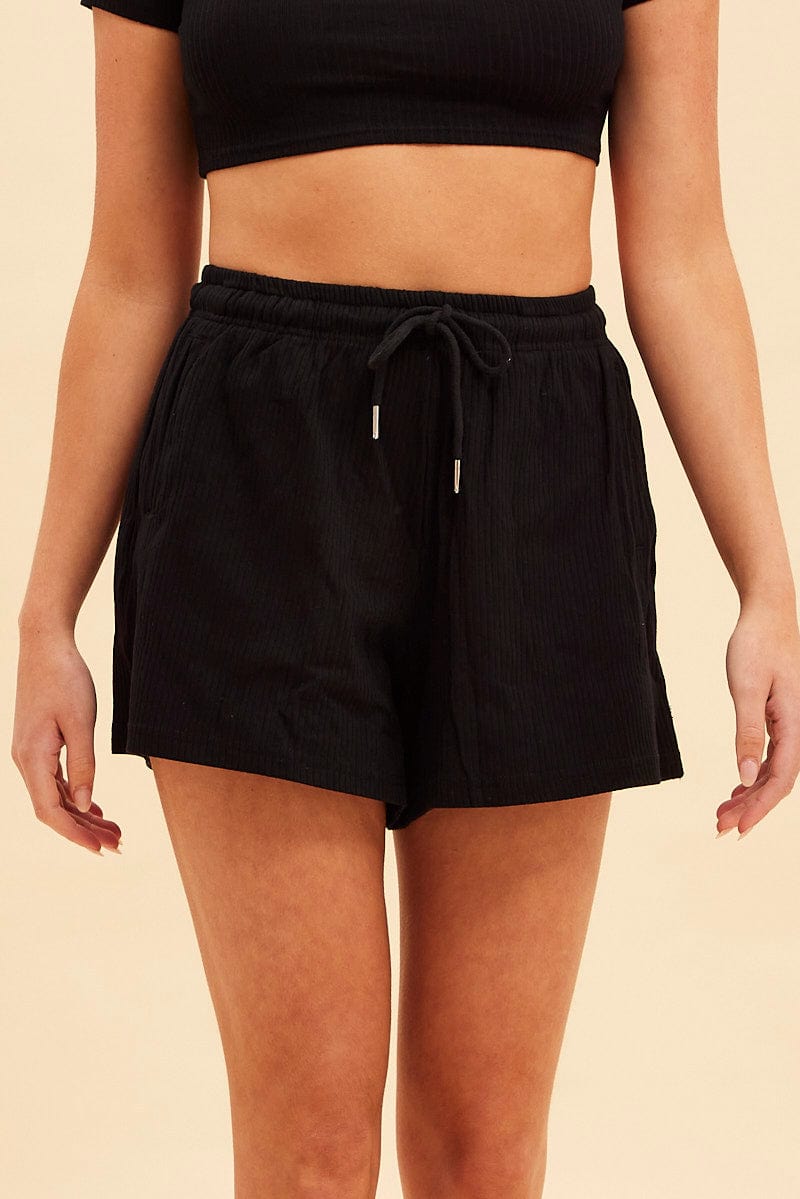 Black Prea Rib Drawstring Short for Ally Fashion