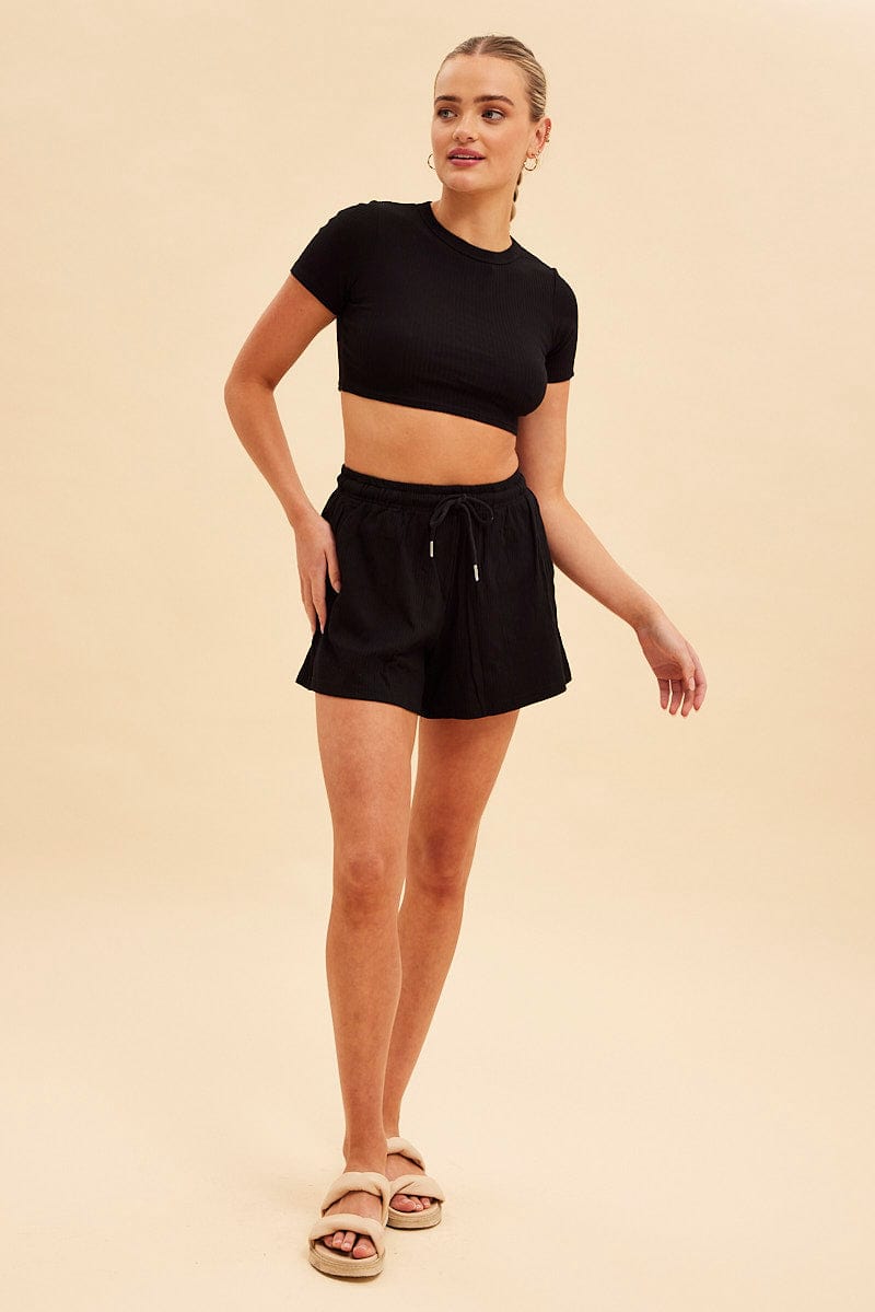 Black Prea Rib Drawstring Short for Ally Fashion