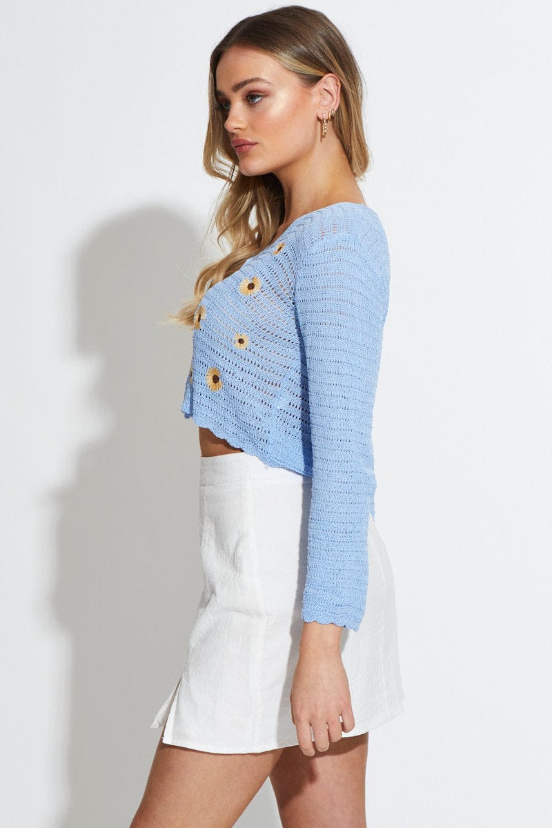 C&S CARDIGAN Blue Knit Cardigan Long Sleeve Crop for Women by Ally