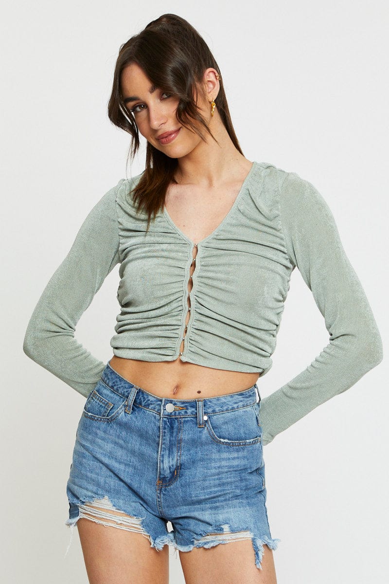 C&S CARDIGAN Green Crop Cardigan Long Sleeve for Women by Ally