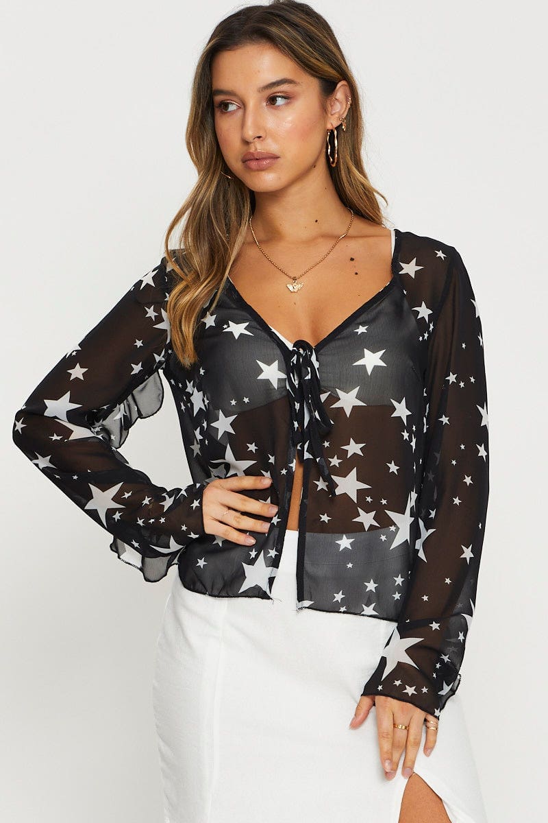 C&S CARDIGAN Print Sheer Top Long Sleeve for Women by Ally