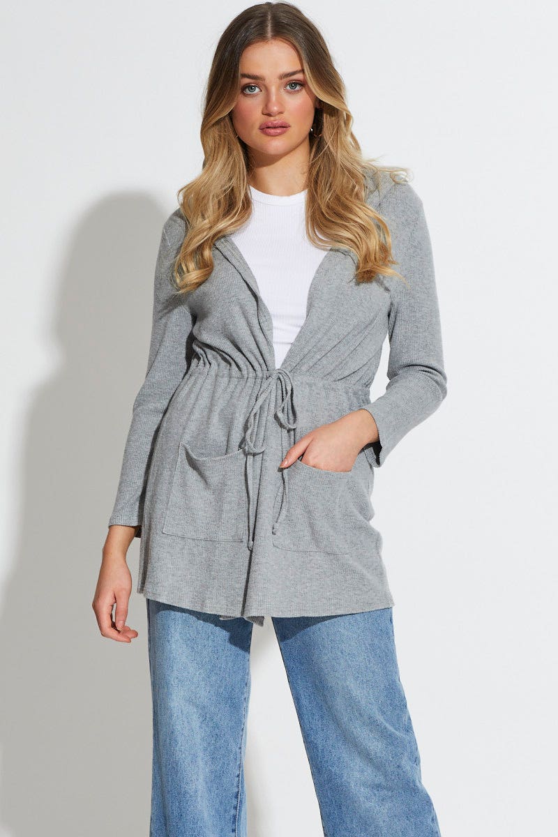 C&S HOODIE CARDIGAN Grey Knit Cardigan Long Sleeve for Women by Ally